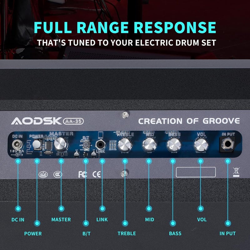 AODSK 35W Professional Electronic Drum Amplifier | Dual Speakers (8" Woofer + 2" Tweeter) | Compatible with Keyboard/Bass/Synthesizer | AUX Input + Recording Output | Treble/Mid Control - Image 2